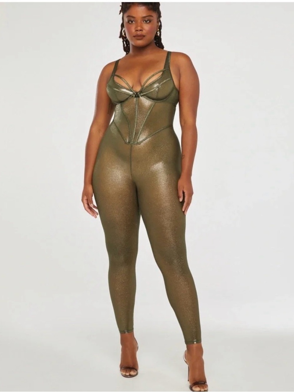 Savage X Fenty Olive Green Shimmer Lace-Up Bodysuit Size 8-10